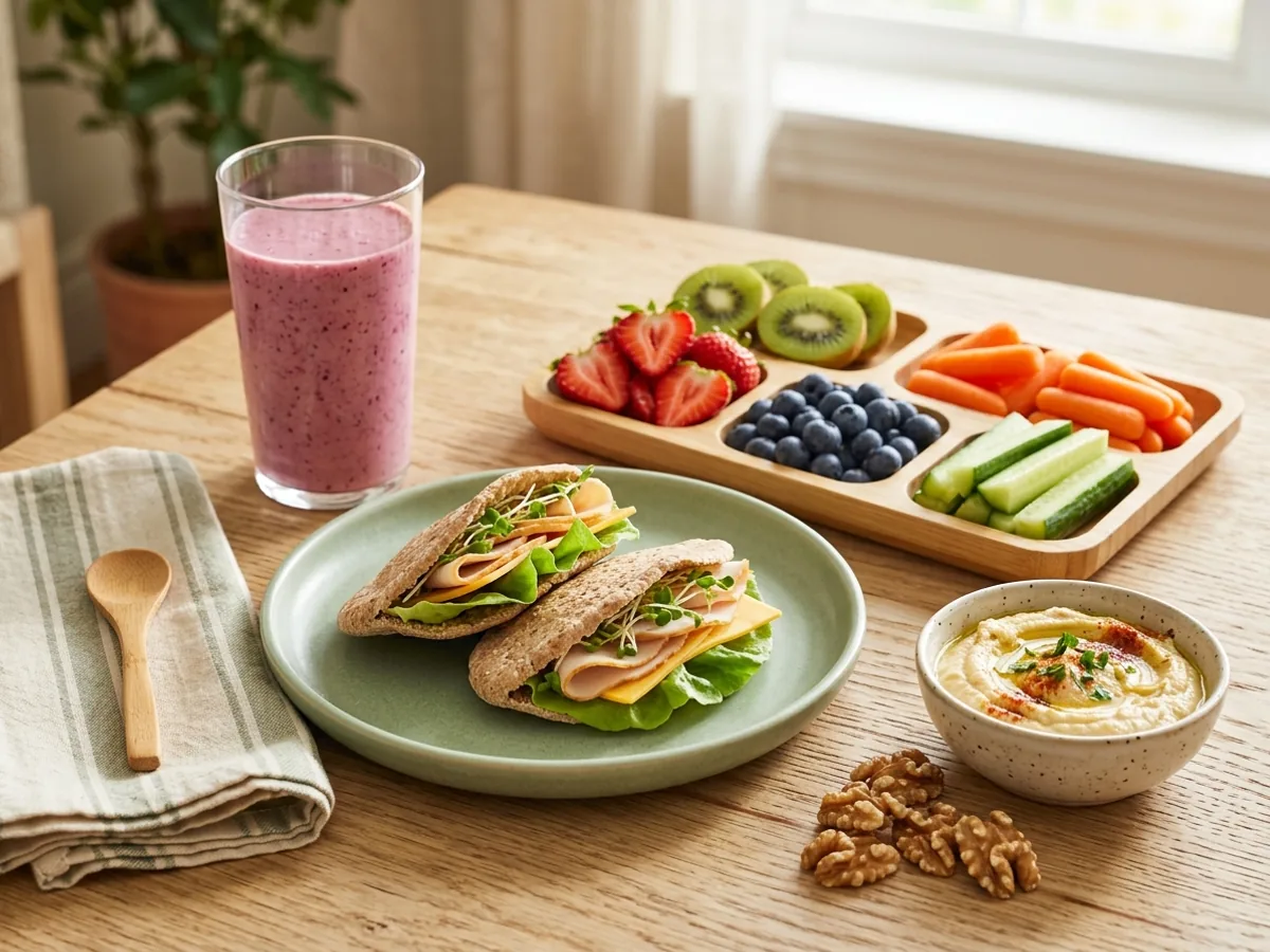 Ergen ve Çocuk Beslenme Programı için taze meyveler, tam tahıllı sandviçler, ceviz ve smoothie içeren renkli beslenme tabağı
