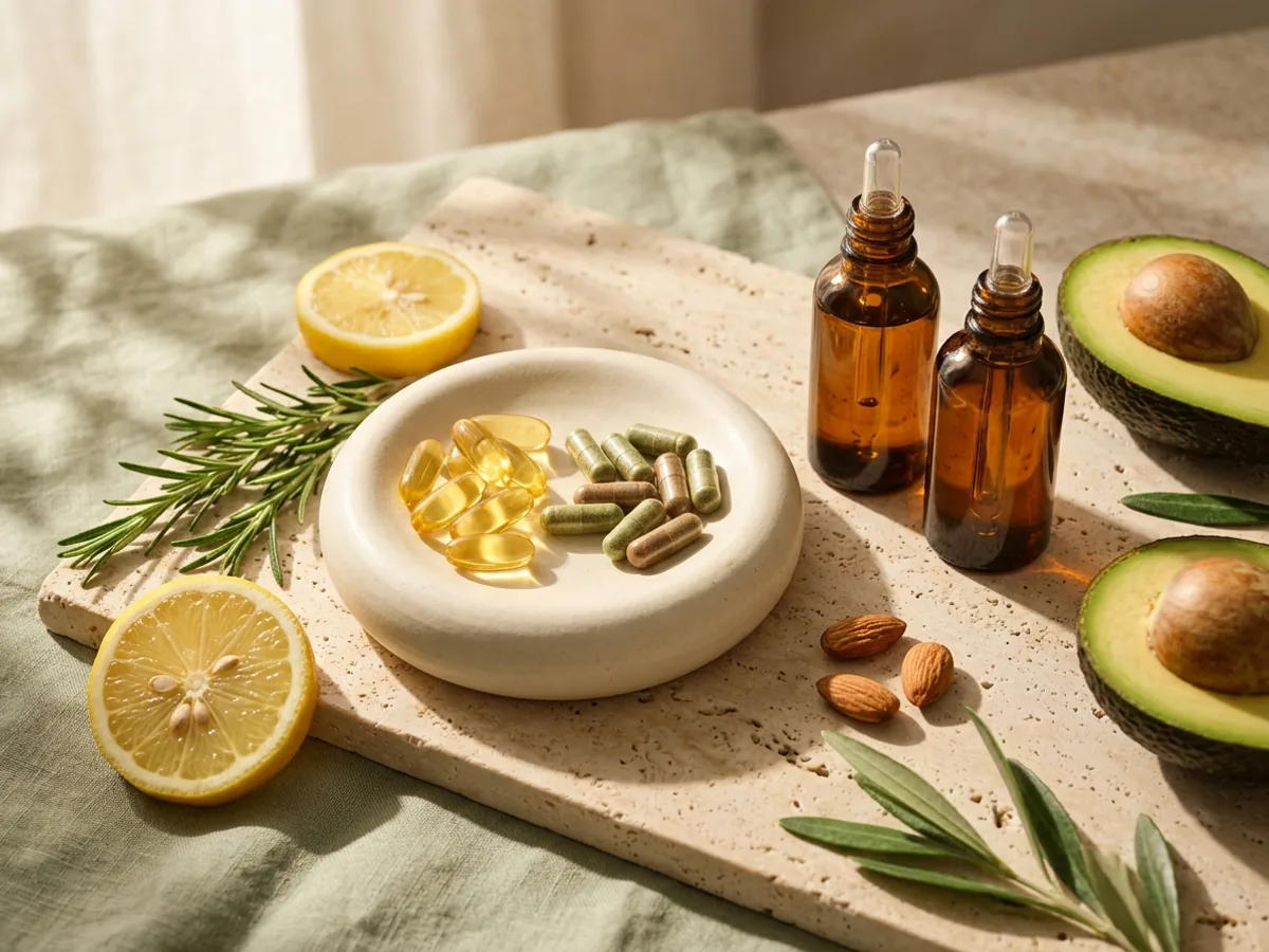 Takviye Danışmanlığı kapsamında doğal omega-3 kapsülleri, bitkisel damlalar, taze limon, biberiye, badem ve avokado